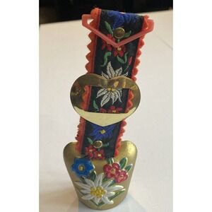 Vintage Swiss Scandanavian Brass Cowbell Floral Design Fabric Strap Ornament